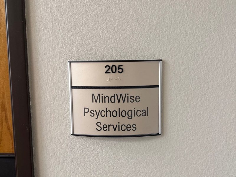 ADA suite placard with raised characters and braille for MindWise Psychological Services, suite 205