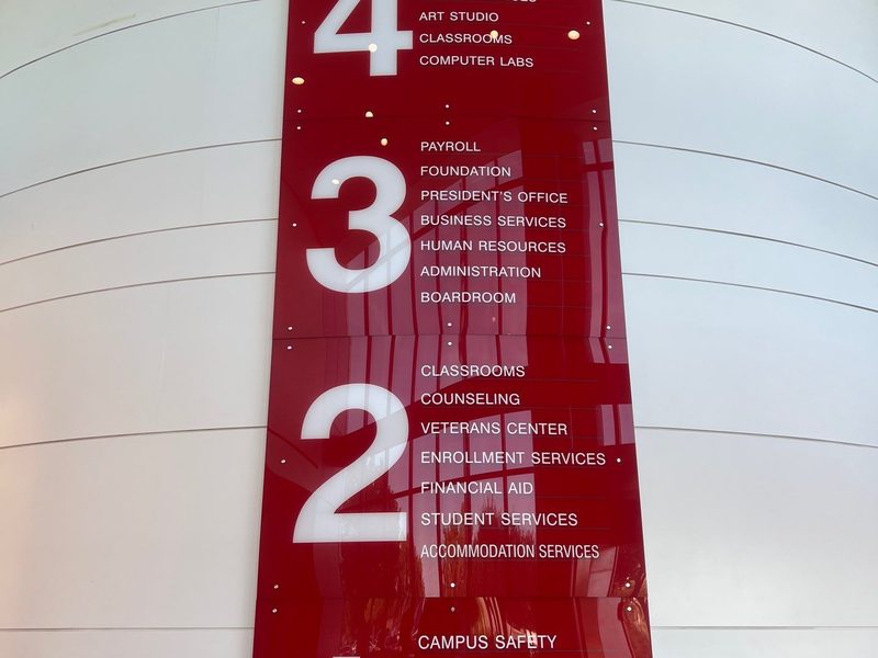 Floor directory listing campus departments at the MSJC Temecula Valley Campus