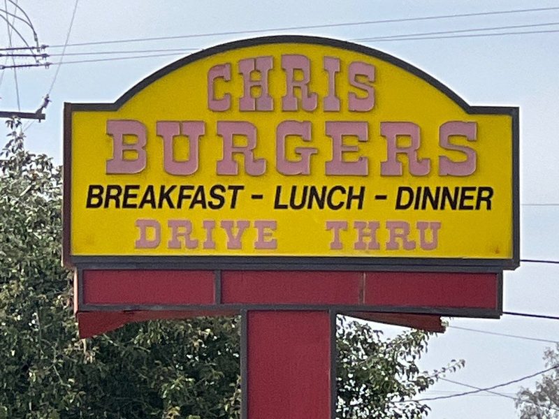Pole sign for Chris Burgers with breakfast, lunch, dinner and drive-thru copy