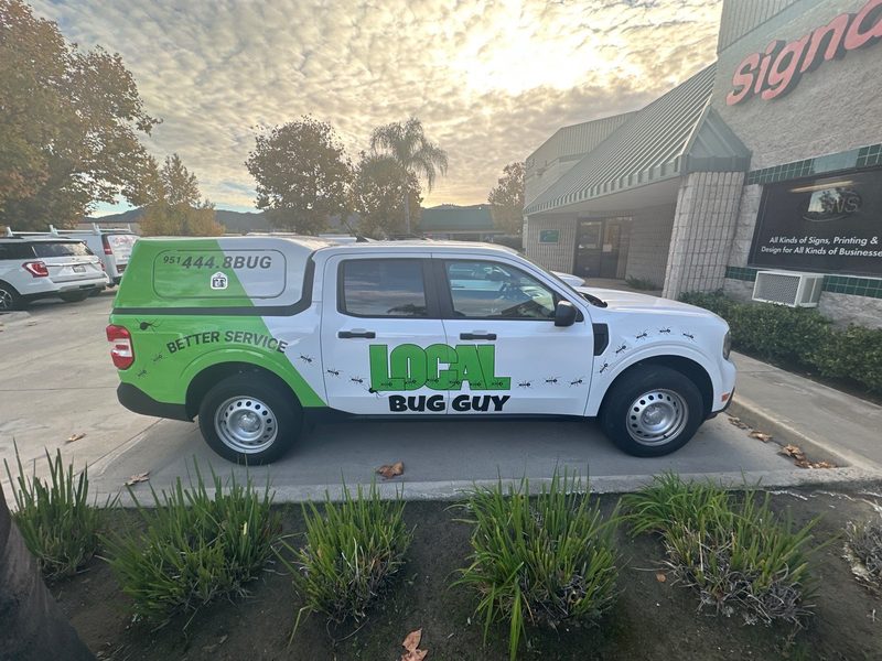 Two-colour partial wrap on a Local Bug Guy pest control truck in Temecula